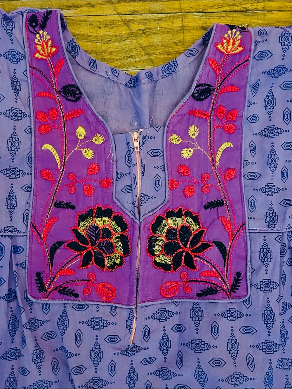 New w/o tags Cotton block print zip front dress with embroidered zip front yoke.